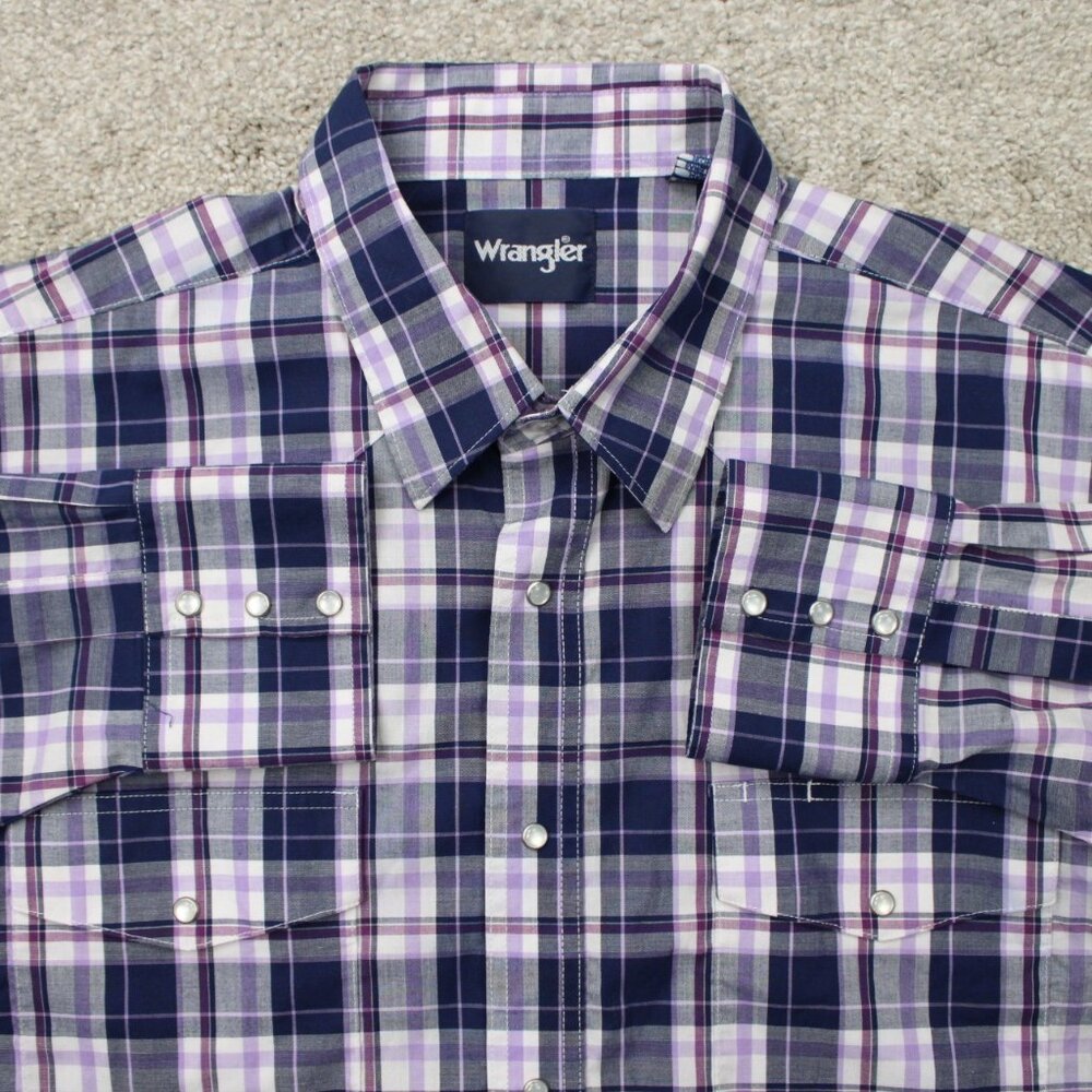 Wrangler Shirt Men 2XL XXL Purple Plaid Pearl Snap Wrinkle Resistant Long Sleeve
